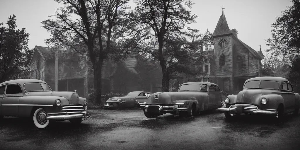 Image similar to Lovecraft Country, ultra detailed haunted house, rain, establishing atmospheric shot, unreal engine, F11 aperture, night, volumetric fog, lighting and thunder, film grain, ultra detailed grey 1948 Packard Station Sedan parked in the street,