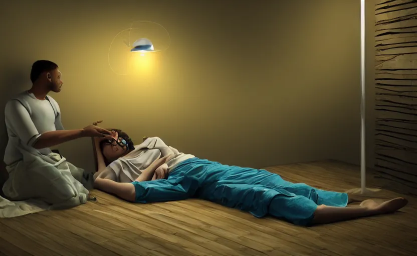 Prompt: human being stopped from sleeping by an intelligent android. painting, atospheric lighting, night, 8 k, sharp focus, global illumination, paid artwork, portfolio