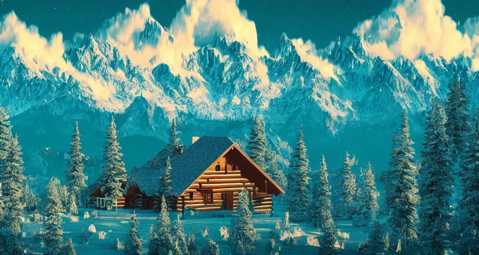 Image similar to log cabin beneath the alps, vaporwave aesthetic, matte painting 4 k