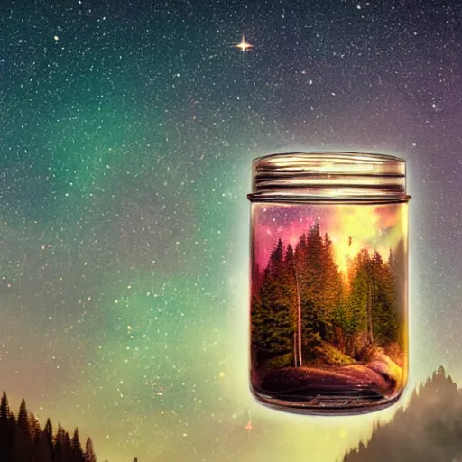 Image similar to galaxies contained in a jar in a forest