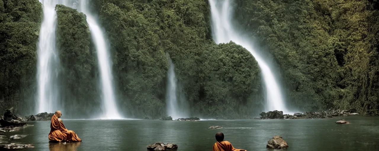 Image similar to dang ngo, annie leibovitz, steve mccurry, a simply breathtaking shot of mediating monk at one giant waterfall, wide shot, symmetrical