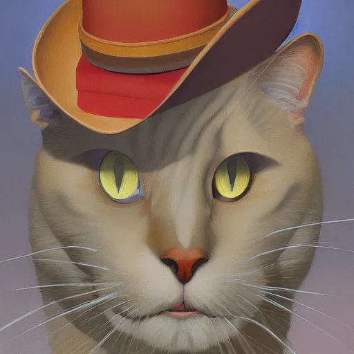 Prompt: Portrait of a cat with cowboy hat, very coherent, painted by Edward Hopper, Wayne Barlowe, painted by James Gilleard, airbrush, art by JamesJean
