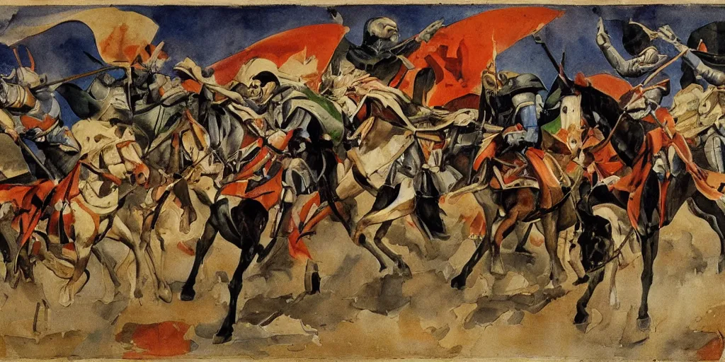 Image similar to medieval knight cavalry charge, italian futurism style