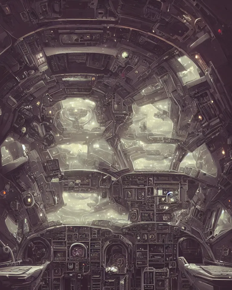 Prompt: intricate detailed symmetrical victorian goth interior of a spaceship cockpit by peter mohrbacher and dan mumford, cgsociety, volumetric light, pastel color scheme