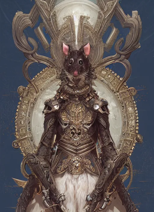 Image similar to symmetry!! portrait of a pet rat wearing detailed ornate armor, intricate, elegant, highly detailed, my rendition, digital painting, behance, concept art, smooth, sharp focus, illustration, art by artgerm and greg rutkowski and alphonse mucha and huang guangjian and gil elvgren and sachin teng