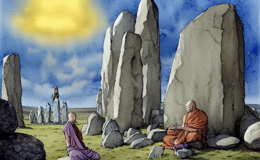 Prompt: a hyperrealist watercolor fantasy concept art of giant monk with a long forehead in grey robes sitting in stonehenge. several large stones are floating in the air. in the background a ufo is in the sky. by rebecca guay, michael kaluta, charles vess