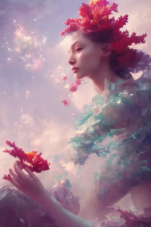 Prompt: a beautiful girl surounded by coral reef and fractal, 3 d render, hyper realistic detailed portrait, holding magic flowers, ruan jia, wlop. scifi, fantasy, hyper detailed, octane render, concept art, by peter mohrbacher, by wlop, by ruan jia