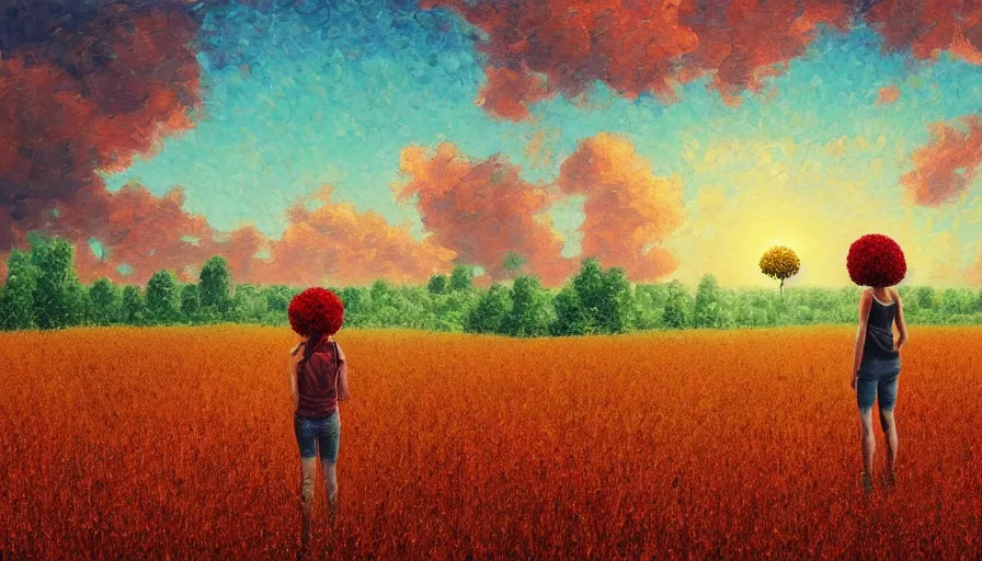 Image similar to giant red carnation afro head, full body, girl watching sunset, empty wheat field, surreal photography, forest background, dramatic light, impressionist painting, colorful clouds, digital painting, pointillism, artstation, simon stalenhag