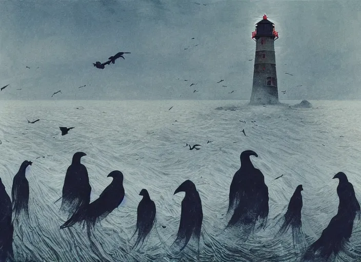 Prompt: worshippers in robes belonging to the cult of the lighthouse standing in waves with ravens flying overhead, a lighthouse, ravens, high detailed beksinski painting, part by adrian ghenie and gerhard richter. art by takato yamamoto and gerald scarfe. masterpiece, dark and moody, deep colours, blue - h 8 9 6