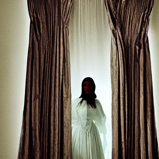 Prompt: a ghostly figure hidden behind the drapes of a poorly lit room in an old victorian mashion