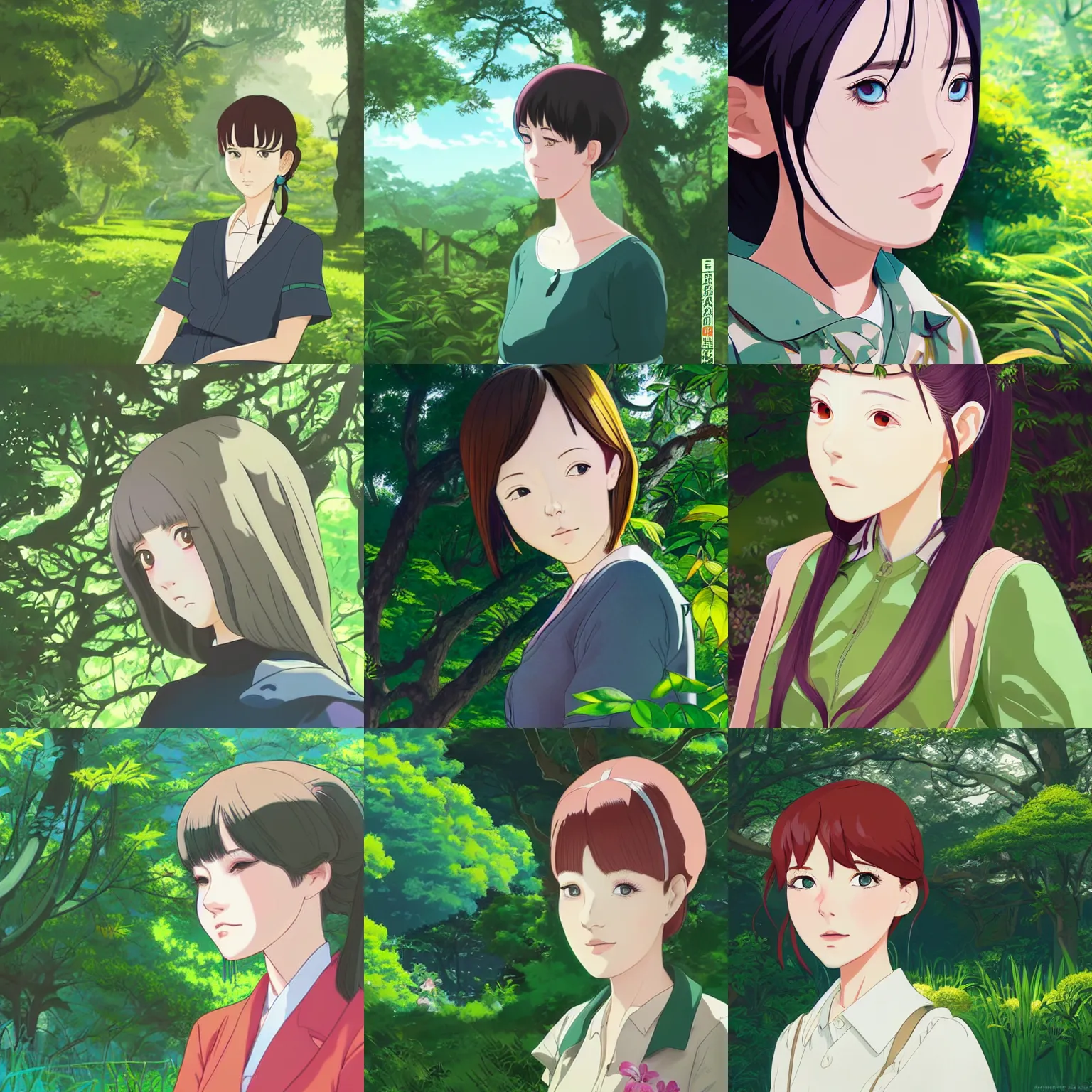 Prompt: Character portrait of a young woman in a lush park, cartoon facial features, highly detailed, cel shading, Kyoto Animation and Studio Ghibli still, by Ilya Kuvshinov and Murata Range
