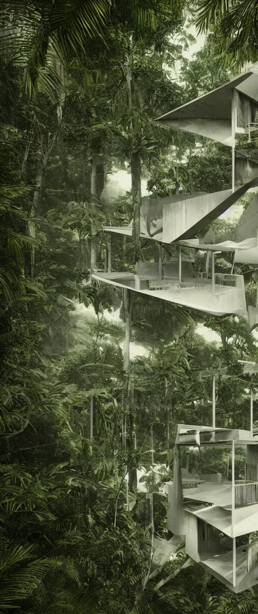 Image similar to architecture inspired by le corbusier in the rainforest. nature is taking over. upside down. metabolism. matte painting. octane render. hdr. volumetric lighting. global illumination. atmospheric. monochrome.