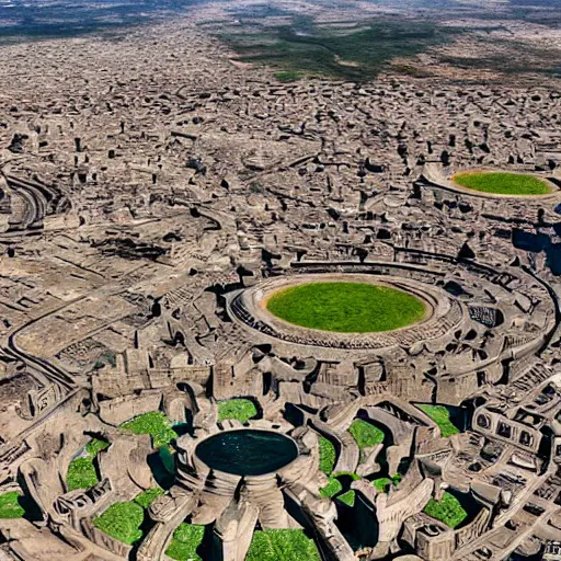 Prompt: ancient goth city with spiral-shaped streets drowns into insanity hyperreality hd 8k plane view