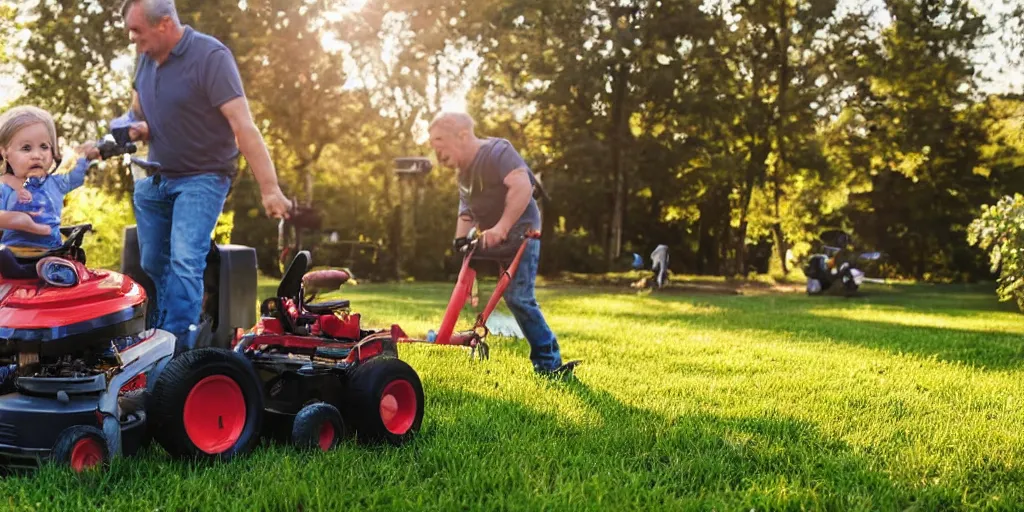 Image similar to a profile shot of a cute long haired toddler riding her tow lawn mower directly behind her father, who is sitting on a riding lawnmower, golden hour