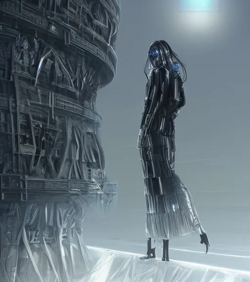 Image similar to tarkovsky best scene, the ancient destroyed majestic tower of babylon, a woman in futuristic cyber clothing, transparent puffer jacket, hyper realistic, cyber blockchain, cyber world, ambient lighting, concept art, intricate, hyper - detailed, smooth, dynamic volumetric lighting, octane, ray trace, cinematic, high quality, high resolution, 4 k, cgsociety