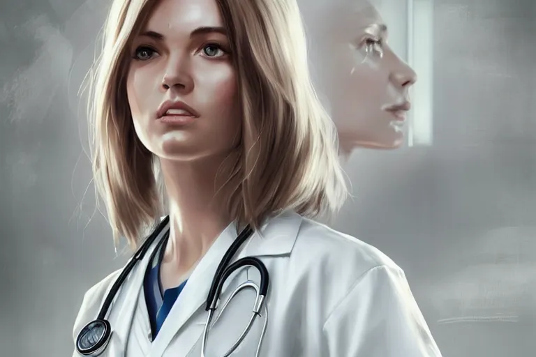 Image similar to a poster of emergency room, an elegant and beautiful female doctor in a white coat in a hospital ward, cinematic, highly detailed, digital painting, artstation, concept art, matte, sharp focus, illustration, art by artgerm and greg rutkowski