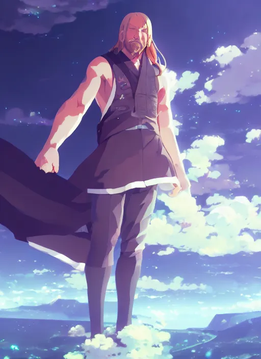 Image similar to portrait of triple h wwe, cloudy sky background lush landscape illustration concept art anime key visual trending pixiv fanbox by wlop and greg rutkowski and makoto shinkai and studio ghibli