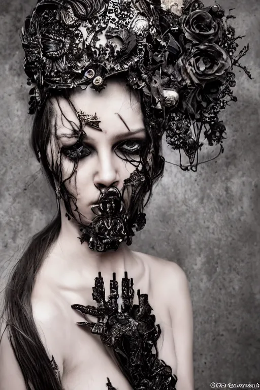 Image similar to a portrait of female model by stefan geselle and nekro borja, photorealistic, intricate details, hyper realistic, dark fantasy, ornate headpiece, dark beauty, photorealistic, canon r 3, photography, wide shot, photography, dark beauty, symmetrical features, wide angle shot, whole body, full body shot, 3 / 4 shot