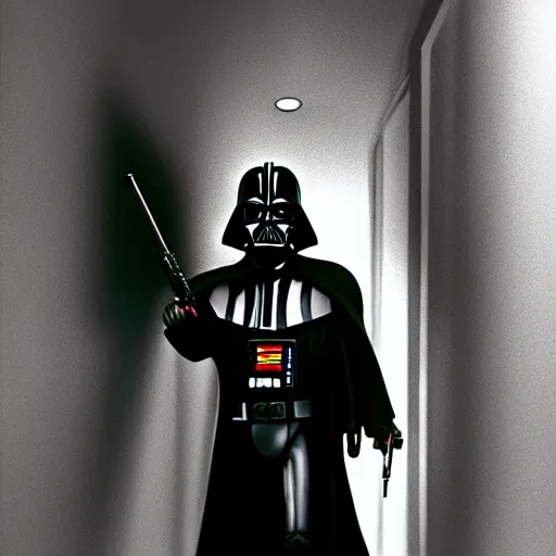 Prompt: darth vader holding an shotgun in backrooms