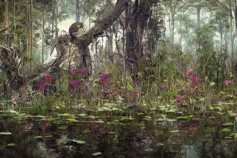 Image similar to hyperrealism, scene from louisiana swamps, starship, spring blooming flowers garden, true detective, 8 0 s japanese sci - fi books art