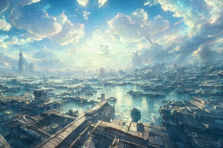 Image similar to ultra realistic city floating in the sky, colors, 8 k, hd, details, fantasy, epic, ancient city, landscape illustration concept art anime key visual trending pixiv fanbox by wlop and greg rutkowski and makoto shinkai and studio ghibli and kyoto animation symmetrical facial features