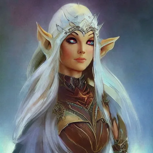 Image similar to elven princess character portrait by frank frazetta, fantasy, dungeons & dragons, sharp focus, beautiful, artstation contest winner, detailed