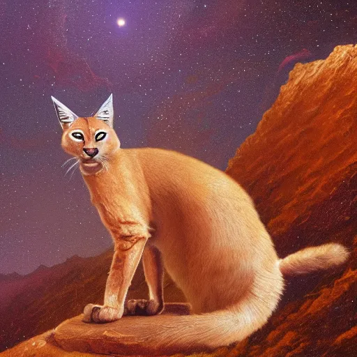 Prompt: Ryan Gosling holding a cute caracal on a mountain on mars, cinematic angle, studio Ghibli, cinematic lighting, detailed oil painting, hyperrealistic, 8k