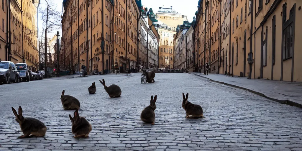 Image similar to a street in stockholm full of rabbits