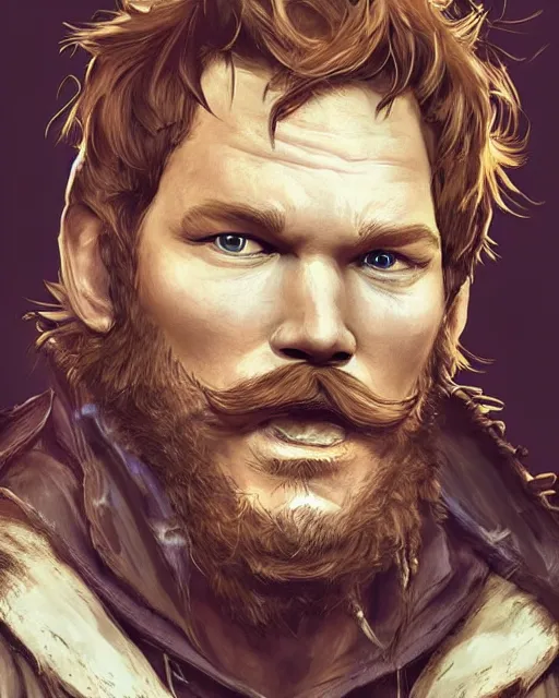 Image similar to chris pratt as an ugly drunken pirate with a big ginger beard and a large moustache, ginger hair, ugly, bags under his eyes, dark eyes, he wears a big coat, scruffy. character concept art. royo, artgerm, wlop. fashion. dnd. trending on artstation.
