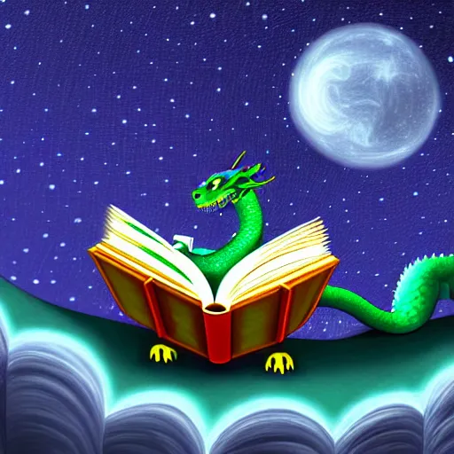 Image similar to dragon reading a book underneath the stars, digital art