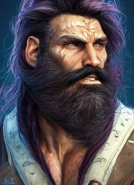 Prompt: portrait of a hulky herculean well groomed ork with flowing long deep violet hair, epic braided beard, style of assassin's creed, intricate, elegant, highly detailed, digital painting, artstation, concept art, smooth, sharp focus, illustration, art by artgerm and luis royo, josh kirby and wayne barlowe, 8 k