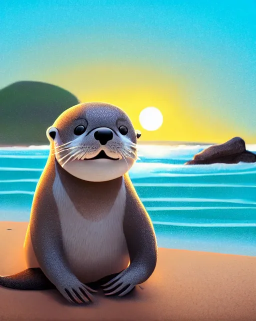 Image similar to a beautiful portrait of a cute anthropomorphic grey otter fursona furry on the beach wearing a wetsuit holding a surfboard, turquoise hair orange nose, smiling, sunset, volumetric light, detailed, by cory loftis, photorealistic, 4 k, hdr, artstation, deviantart, digital illustriation