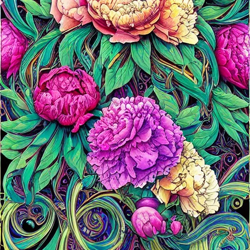 Prompt: cascading ink and watercolour peonies in vibrant colours by dan mumford and mike mignola and maethawee chiraphong and hiroo isono ornate, intricate, detailed, swirls, ultra fine detail, trending on artstation, golden ratio, smooth gradients, intricate ink designs