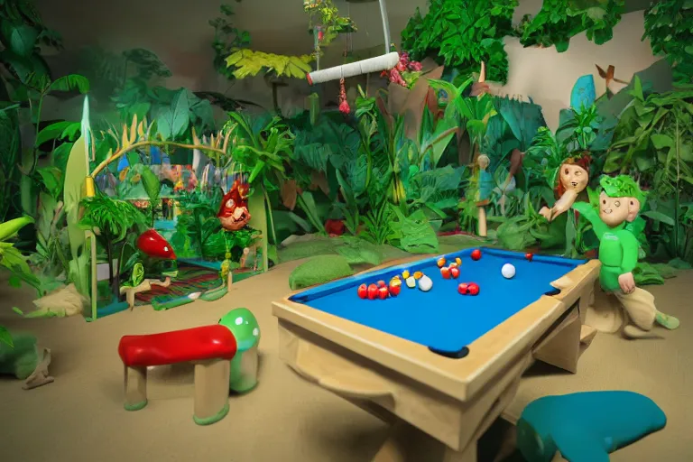 Prompt: fisher price pool table snowy jungle, octane render 85mm