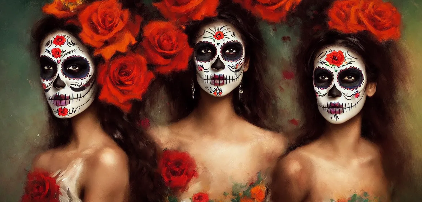 Prompt: mexican day of the dead beauty only face, trending on artstation, greg rutkowski, john singer sargent, crop top, intricate
