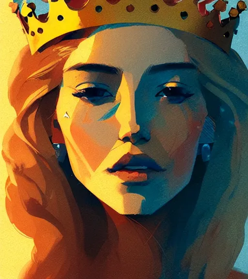 Image similar to portrait of beautiful queen with golden hair, sun, crown, by atey ghailan, by greg rutkowski, by greg tocchini, by james gilleard, by joe fenton, by kaethe butcher, dynamic lighting, gradient light blue, brown, blonde cream and white color scheme, grunge aesthetic