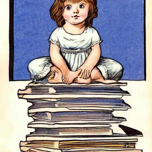 Prompt: a cute little girl with a round cherubic face, blue eyes, and short wavy light brown hair sitting on top of a stack of books. beautiful cartoon painting with flat colors and highly detailed face, outlining, children's storybook