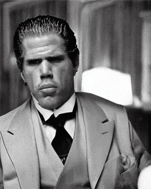 Image similar to film still close up shot of ron perlman as vito corleone from the movie the godfather. photographic, photography