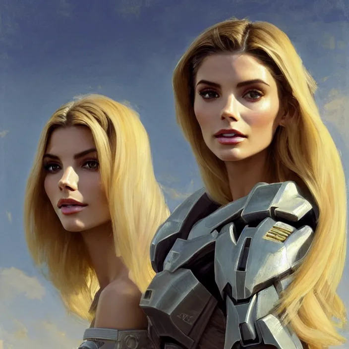 Image similar to portrait of a combination of Ashley Greene, Victoria Justice and Adriana Dxim, Grace Kelly and Lily Collins with blond hair wearing Forerunner armor from Halo, countryside, calm, fantasy character portrait, dynamic pose, above view, sunny day, thunder clouds in the sky, artwork by Jeremy Lipkin and Giuseppe Dangelico Pino and Michael Garmash and Rob Rey and Greg Manchess and Huang Guangjian, very coherent asymmetrical artwork, sharp edges, perfect face, simple form, 100mm