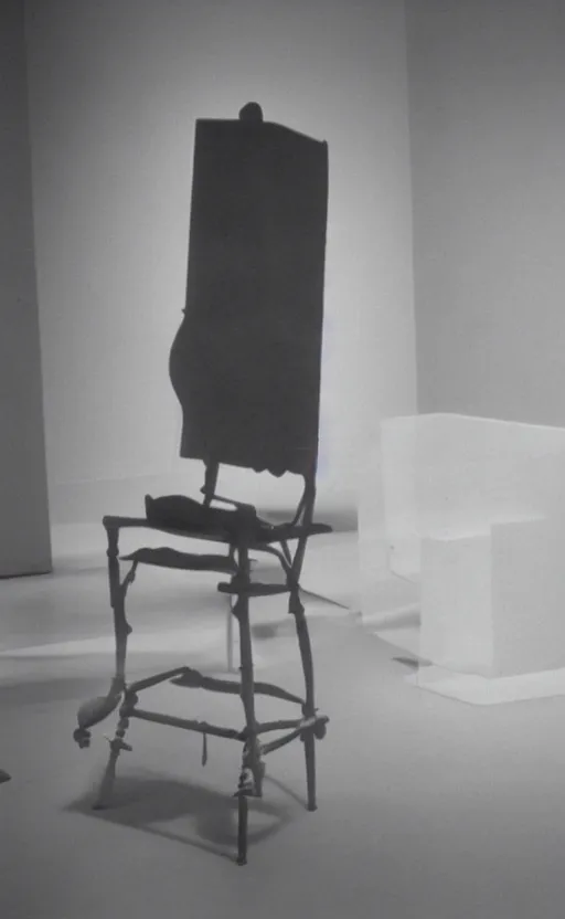 Image similar to a filmstill of a readymade object in a museum, empty white room, in the style of Marcel Duchamp and Orson Welles