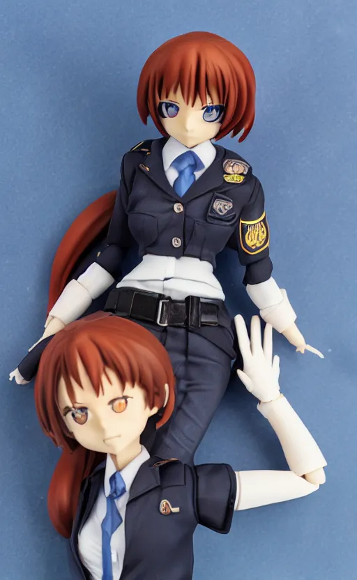 Image similar to toy photo, realistic face, school uniform, portrait of the action figure of a girl, anime character anatomy, 3d printed, plastic and fabric, small blue eyes, figma by good smile company, collection product, dirt and smoke background, flight squadron insignia, realistic military gear, 70mm lens, round elements, photo taken by professional photographer, trending on instagram, symbology, 4k resolution, low saturation, realistic military carrier