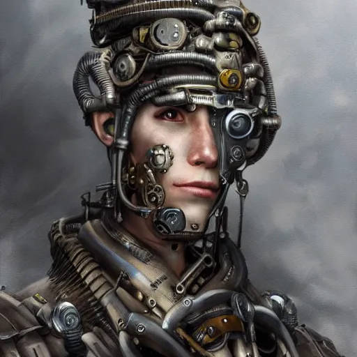 Image similar to portrait painting of a steampunk cyborg soldier transhumanism, ultra realistic, concept art, studio ghibli, intricate details, eerie highly detailed