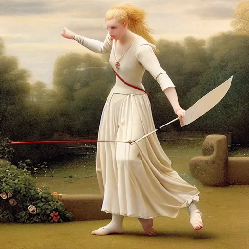 Prompt: Painting of Elle Fanning fencing, long blonde hair, delicate, pale milky white porcelain skin, by Edmund Leighton. 8K. Extremely detailed.