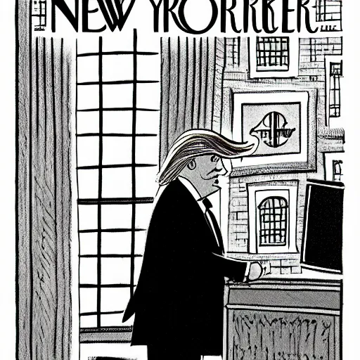 Image similar to new yorker cartoon by rod chast of donald trump, black and white,