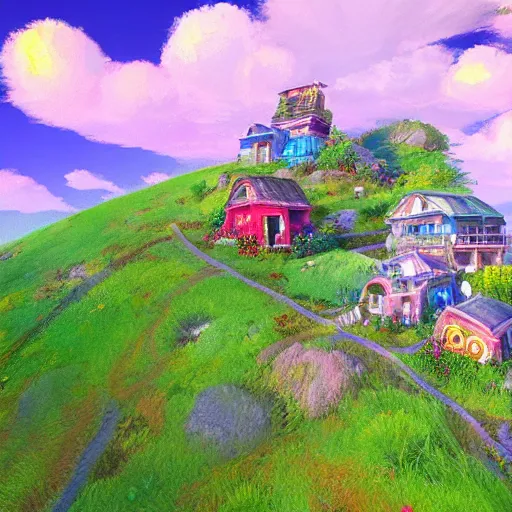 Image similar to beautiful 3 d painting of a colourful house on a hilltop at midnight with small fireflies flying around, in the style of studio ghibli, artstation, unreal engine