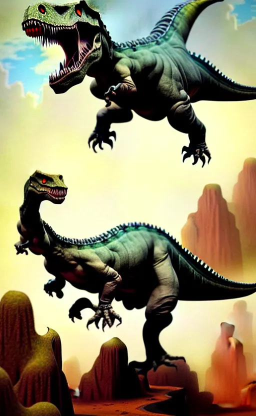 Image similar to dinosaur fantasy world by by frank frazetta and boris vallejo and greg rutkowski