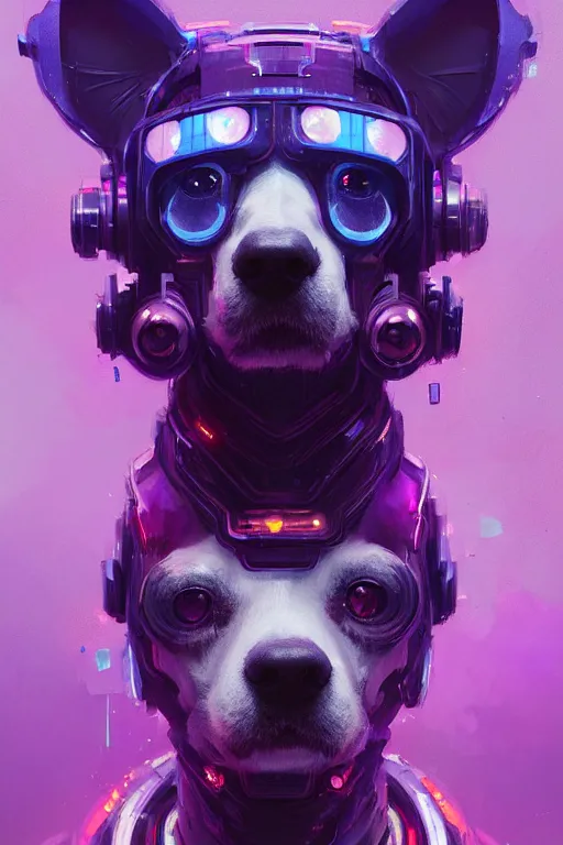 Image similar to a beautiful portrait of a cute cyberpunk dog by greg rutkowski and wlop, purple blue color scheme, digital art, highly detailed, fine detail, intricate, ornate, complex