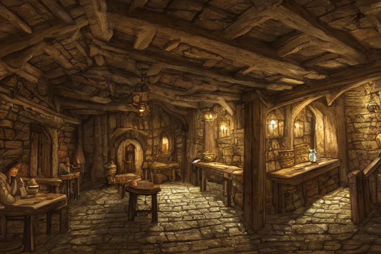 Image similar to A tiny medieval tavern viewed from the inside, texture, intricate, details, highly detailed, masterpiece, architecture, building, trending on artstation, focus, sharp focus, concept art, digital painting, fantasy, sunny, day, midday