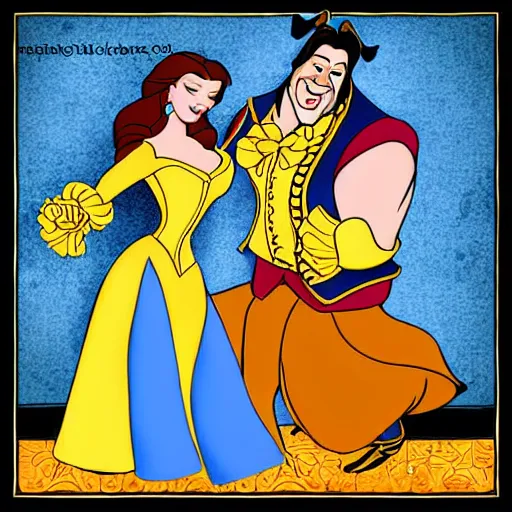 Prompt: belle and beast in blue and gold in the style of mexican folk art