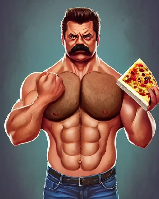 Image similar to gigachad ron swanson bodybuilder holding a pizza in final fight office by ilya kuvshinov, ernest khalimov body by krista sudmalis, fantasy character portrait, ultra realistic, concept art, intricate details, elegent, digital painting, smooth, sharp focus, illustration, art by artgerm and greg rutkowski and alphonse mucha, artstation